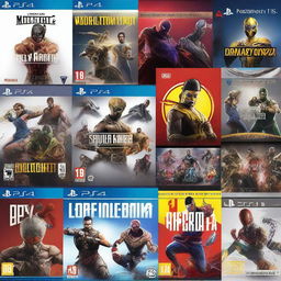 Create an image showcasing a collection of PlayStation 5 games, including Mortal Kombat 11, UFC 5, FIFA 24, It Takes Two, and Spider-Man 2