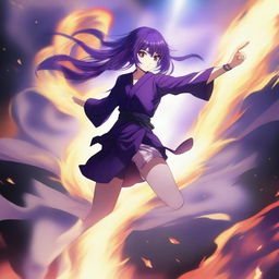 An anime girl surrounded by smoke and fire, performing a karate kick in the air