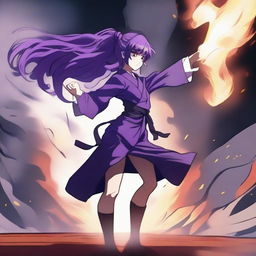 An anime girl surrounded by smoke and fire, performing a karate kick in the air