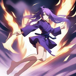 An anime girl surrounded by smoke and fire, performing a karate kick in the air