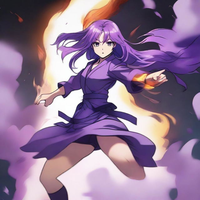 An anime girl surrounded by smoke and fire, performing a karate kick in the air