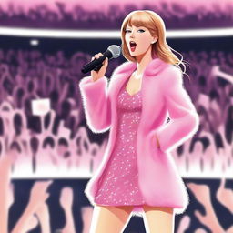 Taylor Swift depicted in anime style, wearing a sparkly pink mini dress and a pink fur coat