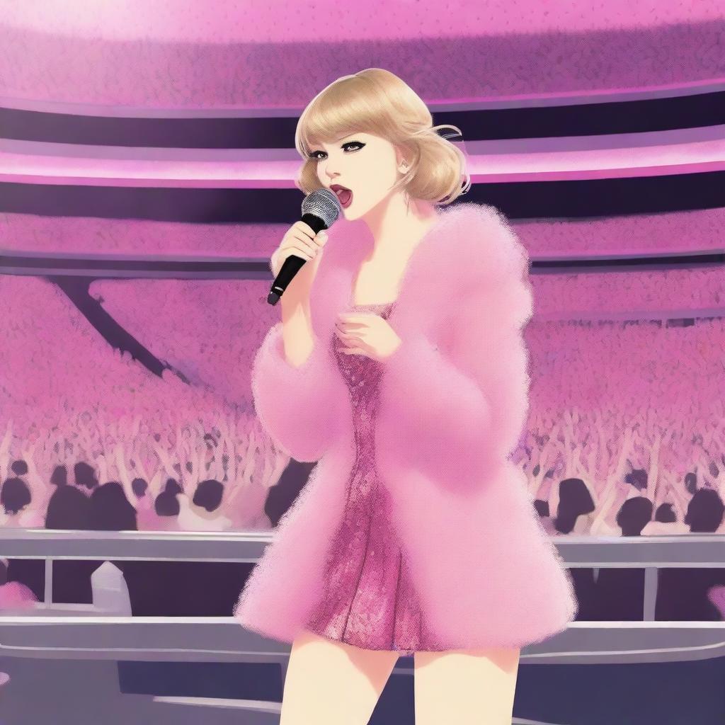 Taylor Swift depicted in anime style, wearing a sparkly pink mini dress and a pink fur coat