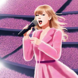 Taylor Swift depicted in anime style, wearing a sparkly pink mini dress and a pink fur coat