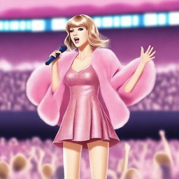 Taylor Swift depicted in anime style, wearing a sparkly pink mini dress and a pink fur coat