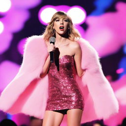 Taylor Swift wearing a sparkly pink mini dress and a pink fur coat, standing in front of a large stadium at nighttime