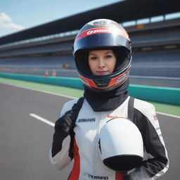 A hybrid image of virtual YouTuber character Gawr Gura in a Formula 1 racing suit, holding a helmet under her arm, with a race track backdrop.