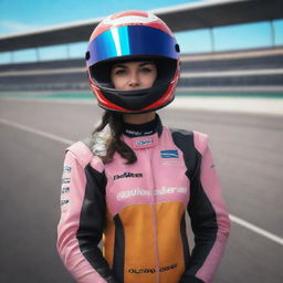 A hybrid image of virtual YouTuber character Gawr Gura in a Formula 1 racing suit, holding a helmet under her arm, with a race track backdrop.