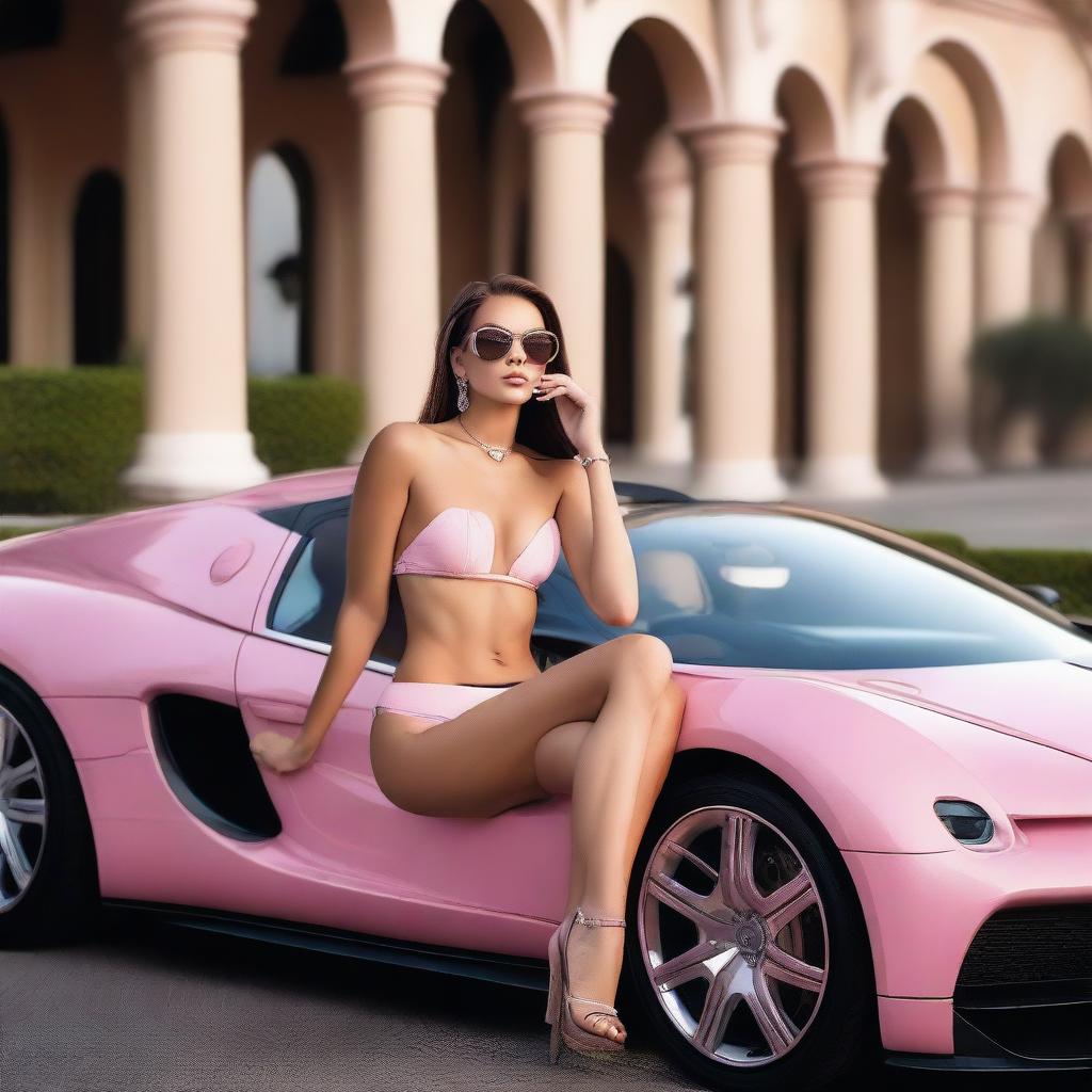 A young woman in a pink bikini sitting on a Bugatti Tourbillon