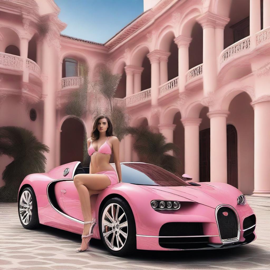 A young woman in a pink bikini sitting on a Bugatti Tourbillon