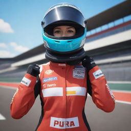 A hybrid image of virtual YouTuber character Gawr Gura in a Formula 1 racing suit, holding a helmet under her arm, with a race track backdrop.