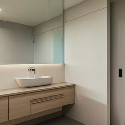 An aesthetically pleasing, contemporary washroom furnished with a vanity-styled washbasin and a functional closet seamlessly integrated within the layout.