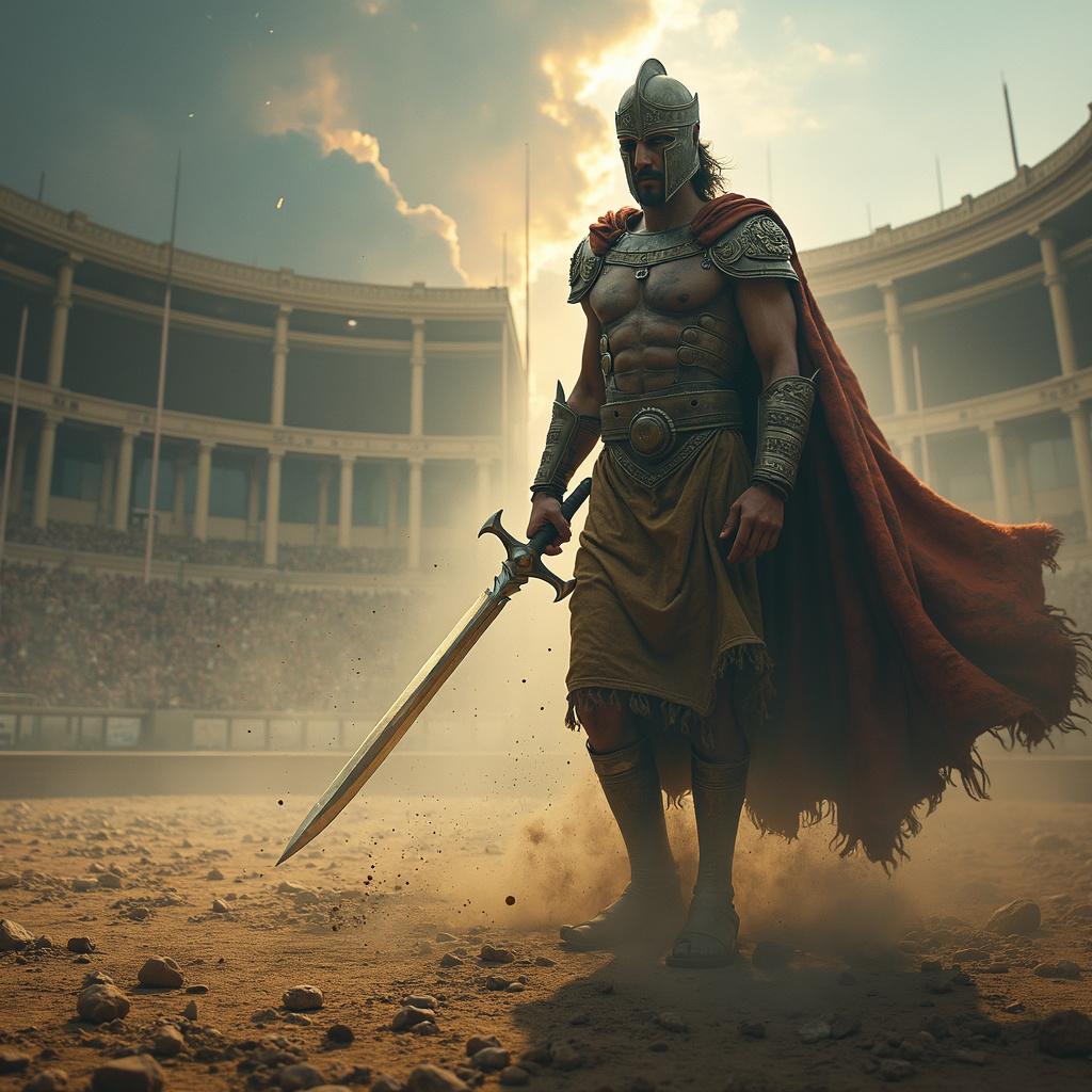 A battle-worn gladiator fades in and out of reality, transitioning from a desolate arena to intense visions of a peaceful afterlife