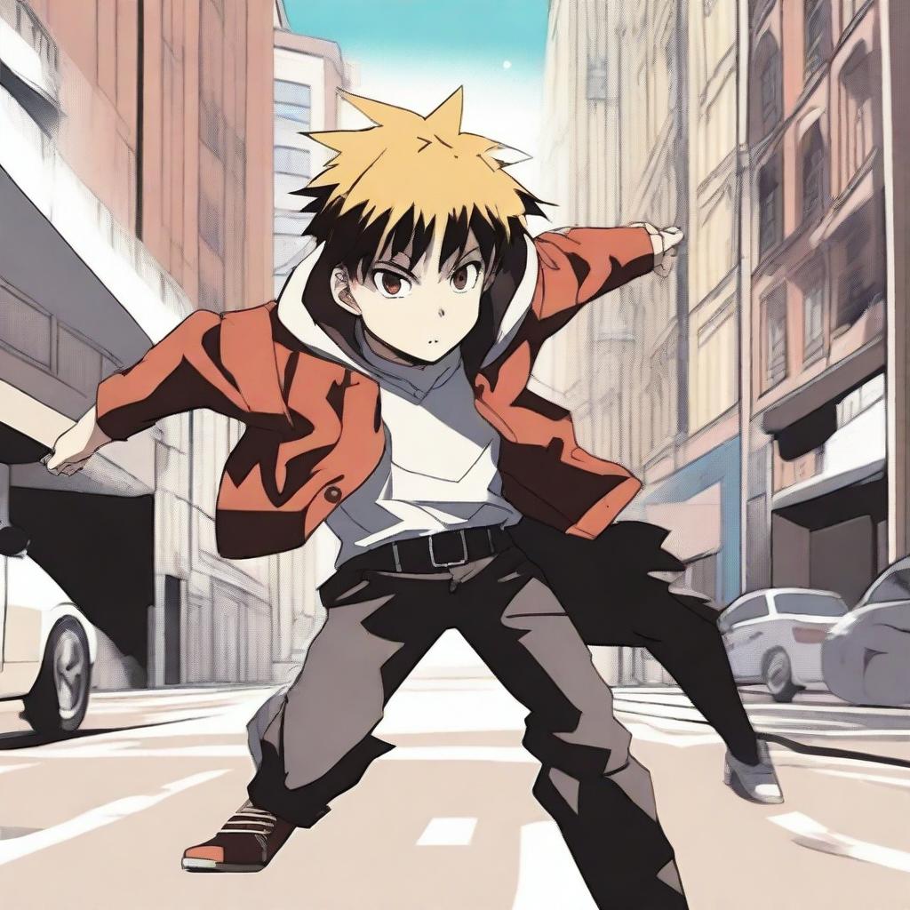 An intense scene of an anime boy punching someone in the street