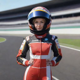 A hybrid image of virtual YouTuber character Gawr Gura in a Formula 1 racing suit, holding a helmet under her arm, with a race track backdrop.