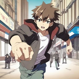 An intense scene of an anime boy punching someone in the street