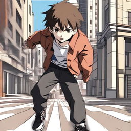 An intense scene of an anime boy punching someone in the street