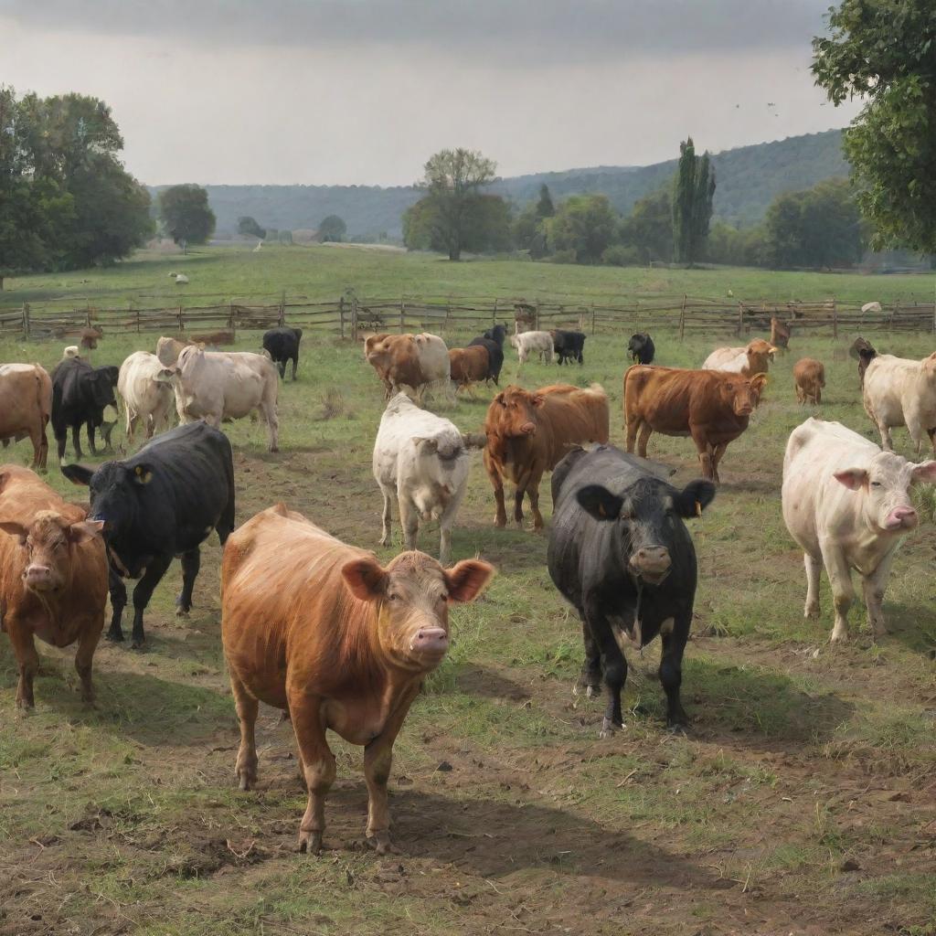 A scene of farm animals such as cows, pigs, and chickens leading a dramatic revolt against their farmer owners, creating a unique atmosphere of chaos, rebellion, and liberation within a typical pastoral landscape.