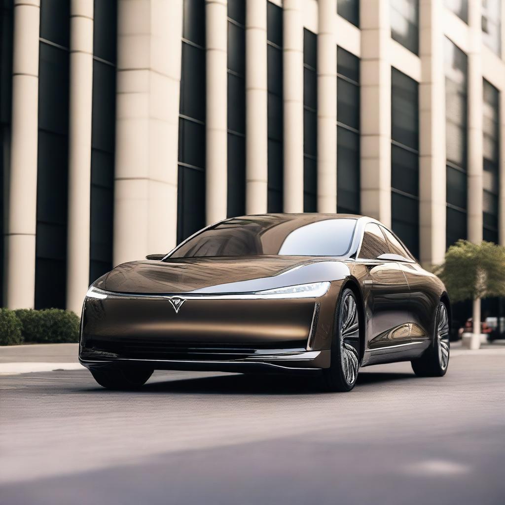 A sleek and modern electric luxury sedan parked in a sophisticated urban setting