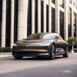 A sleek and modern electric luxury sedan parked in a sophisticated urban setting