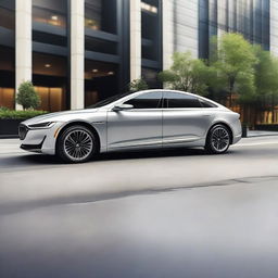 A sleek and modern electric luxury sedan parked in a sophisticated urban setting