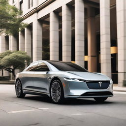 A sleek and modern electric luxury sedan parked in a sophisticated urban setting