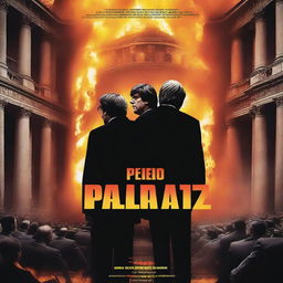 An extremely realistic film poster showing the Parliament of Catalonia in flames in the background