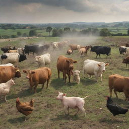 A scene of farm animals such as cows, pigs, and chickens leading a dramatic revolt against their farmer owners, creating a unique atmosphere of chaos, rebellion, and liberation within a typical pastoral landscape.