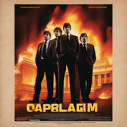 An extremely realistic film poster showing the Parliament of Catalonia in flames in the background