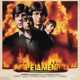 An extremely realistic film poster showing the Parliament of Catalonia in flames in the background