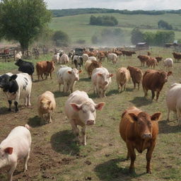 A scene of farm animals such as cows, pigs, and chickens leading a dramatic revolt against their farmer owners, creating a unique atmosphere of chaos, rebellion, and liberation within a typical pastoral landscape.