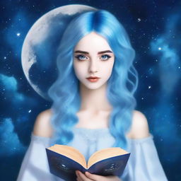 Create a book cover featuring a girl with striking blue hair