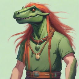 A dinosaur druid, around 25 years old, with long orange hair and freckles