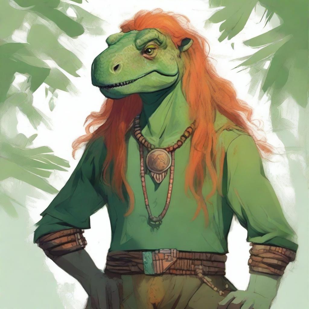 A dinosaur druid, around 25 years old, with long orange hair and freckles