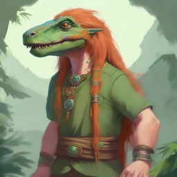 A dinosaur druid, around 25 years old, with long orange hair and freckles