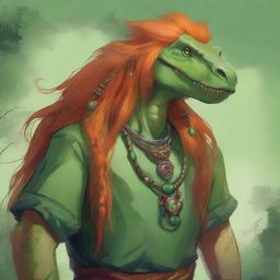 A dinosaur druid, around 25 years old, with long orange hair and freckles