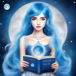 Design a book cover featuring a girl with vibrant blue hair