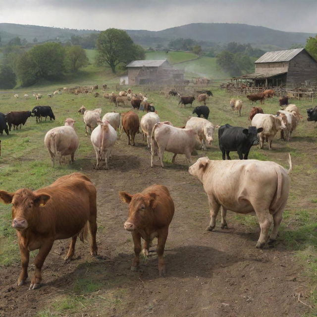 A scene of farm animals such as cows, pigs, and chickens leading a dramatic revolt against their farmer owners, creating a unique atmosphere of chaos, rebellion, and liberation within a typical pastoral landscape.