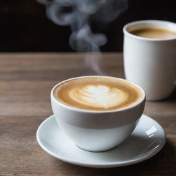 A steaming mug of flat white coffee, frothy milk cascading over the brim, on a rustic wooden table