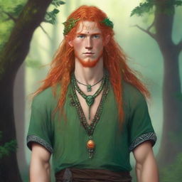 A druid, around 25 years old, with long orange hair and freckles