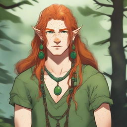 A druid, around 25 years old, with long orange hair and freckles