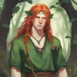 A druid, around 25 years old, with long orange hair and freckles