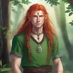 A druid, around 25 years old, with long orange hair and freckles