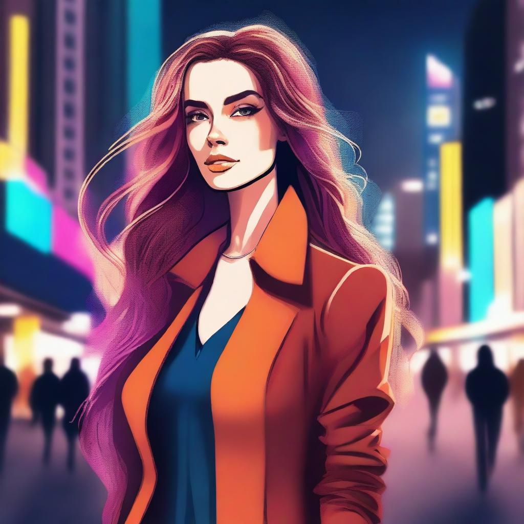 A digital illustration of a beautiful young woman with striking features and a confident expression