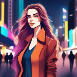 A digital illustration of a beautiful young woman with striking features and a confident expression