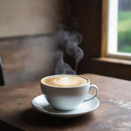 A steaming mug of flat white coffee, frothy milk cascading over the brim, on a rustic wooden table