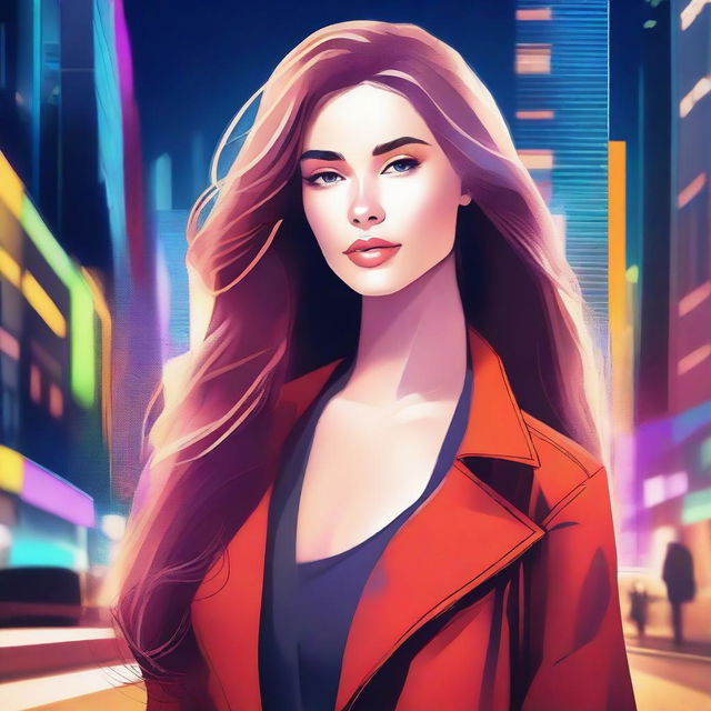 A digital illustration of a beautiful young woman with striking features and a confident expression