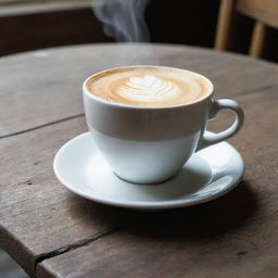 A steaming mug of flat white coffee, frothy milk cascading over the brim, on a rustic wooden table