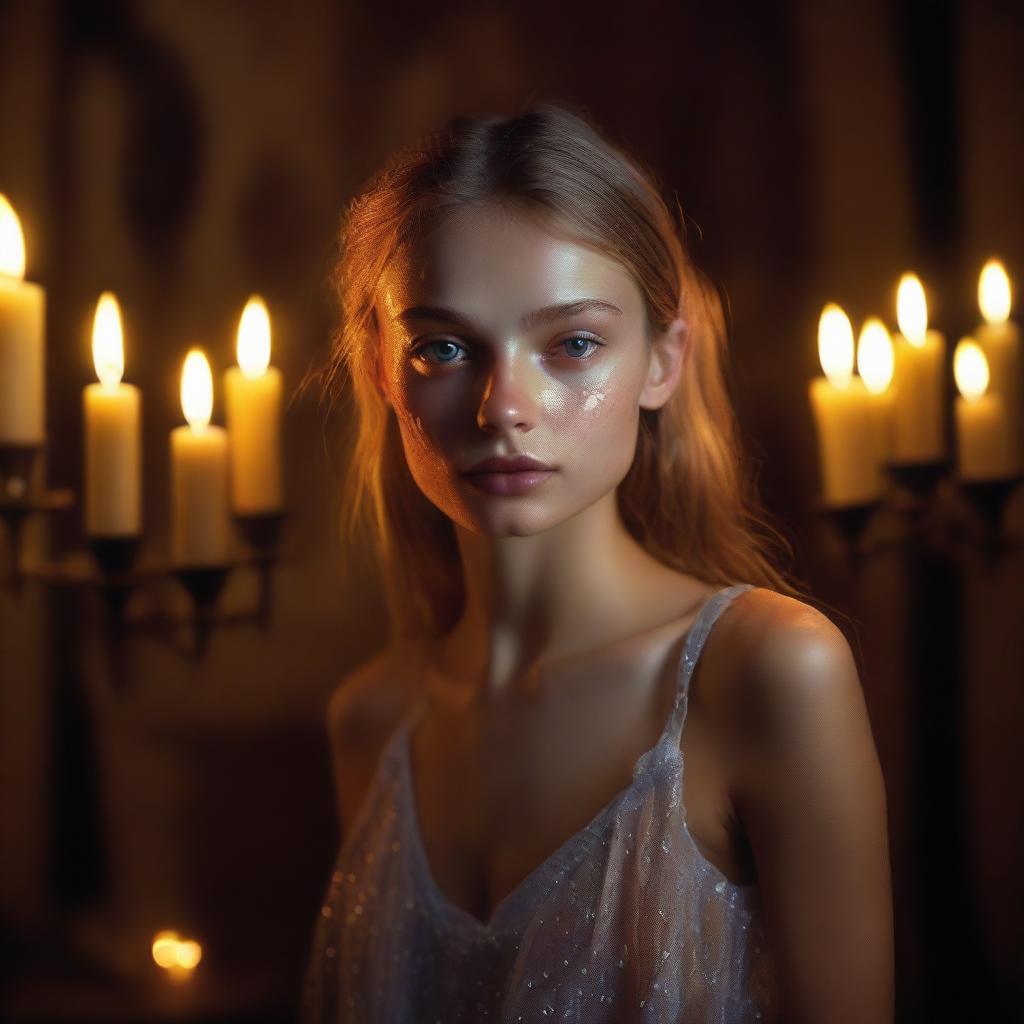 Create an image of an 18-year-old Russian girl resembling Ana Selezneva, dancing in a humid, wet dark room with warm backlit night ambiance and warm lighting