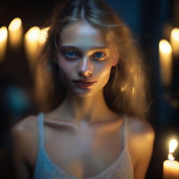 Create an image of an 18-year-old Russian girl resembling Ana Selezneva, dancing in a humid, wet dark room with warm backlit night ambiance and warm lighting